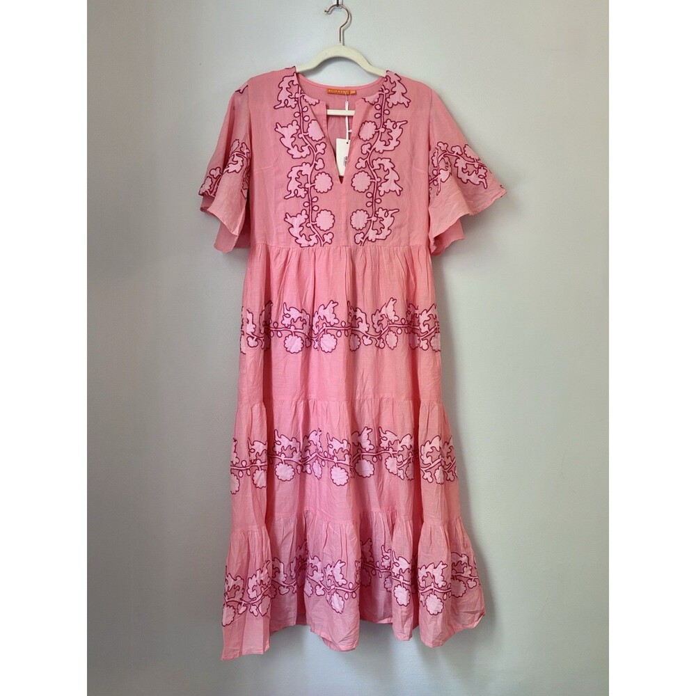 NWT OLIPHANT Pink Appliqué Floral Flirty Tangier V-Neck Tuckernuck Maxi Dress XS - Picture 2 of 13